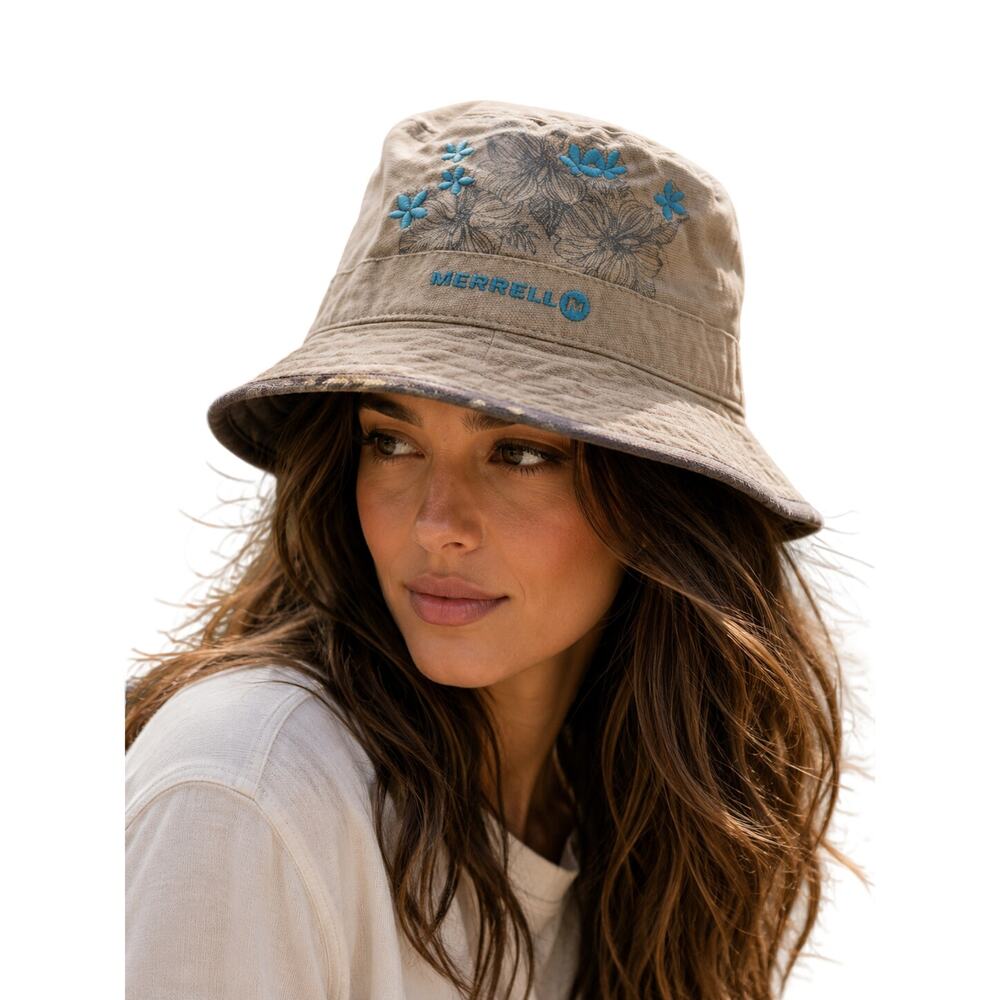 Merrell Floral Embroidered Bucket Hat Beige Blue Outdoor Boho Sun Hat Women’s